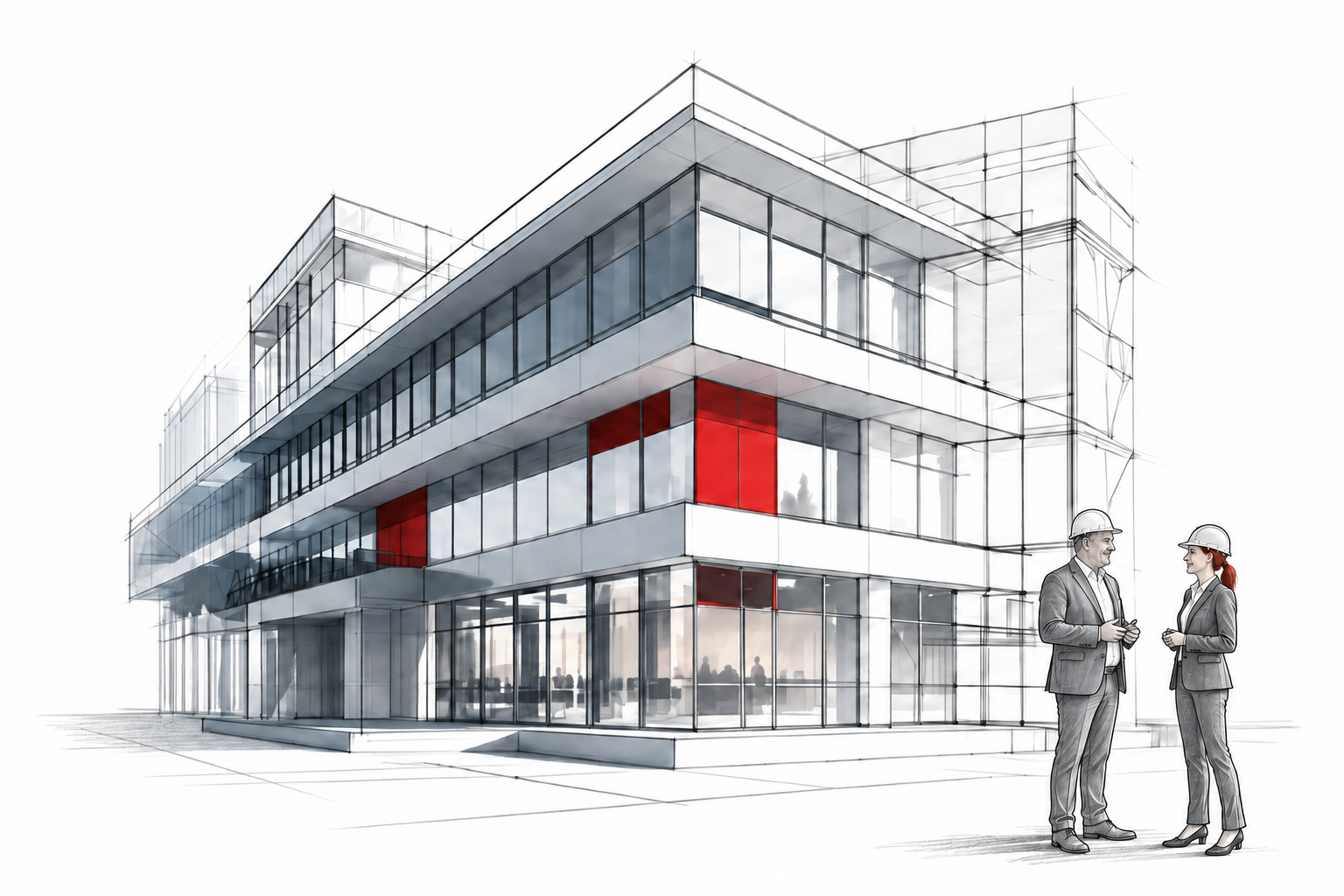 Architektur-Skizze eines modernen Bürogebäudes mit zwei Bauingenieuren