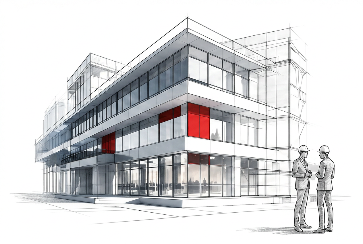 Architektur-Skizze eines modernen Bürogebäudes mit zwei Bauingenieuren